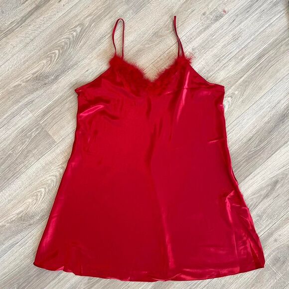 Fashion Bug Other - NWT Y2K Fashion Bug Red Silky Slip Dress Feather Trim Plus Sleepwear Lingerie